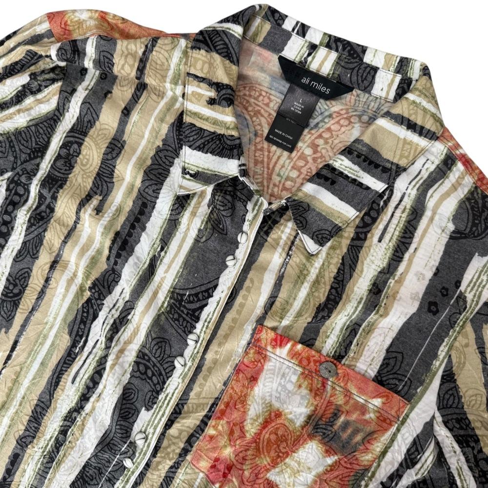 Ali Miles Mixed Print Lagenlook Stripe Paisley Roll‎ Tab Sleeve Button Top Large